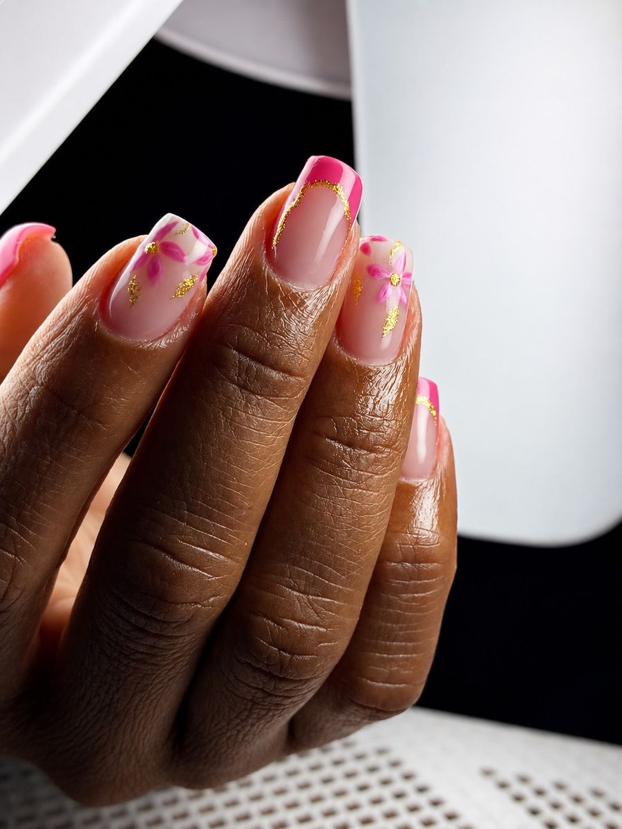 Unhas com francesinha rosa e flores